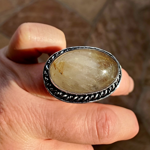 New Huge Golden Rutile Quartz 925 Silver Statement Ring. - Picture 13 of 16